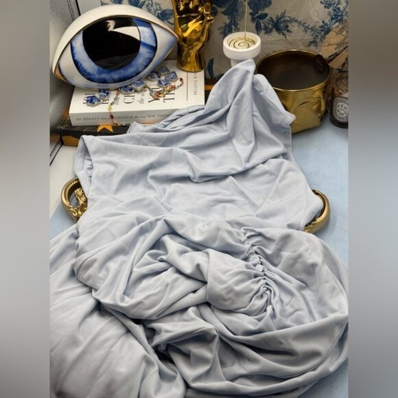 🆕 SIMKHAI 🧿 NWOT Acacia Draped Ruched Jersey Midi Dress, Blue Haze - Sz L - Picture 13 of 15